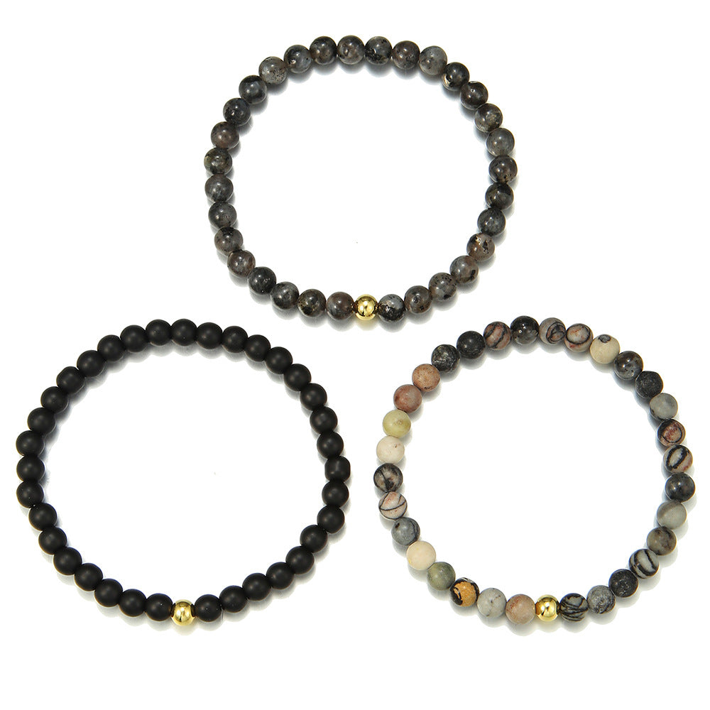 Vintage Minimalist 6mm Round Gemstone Beaded Bracelet Set Plated Geometric Design
