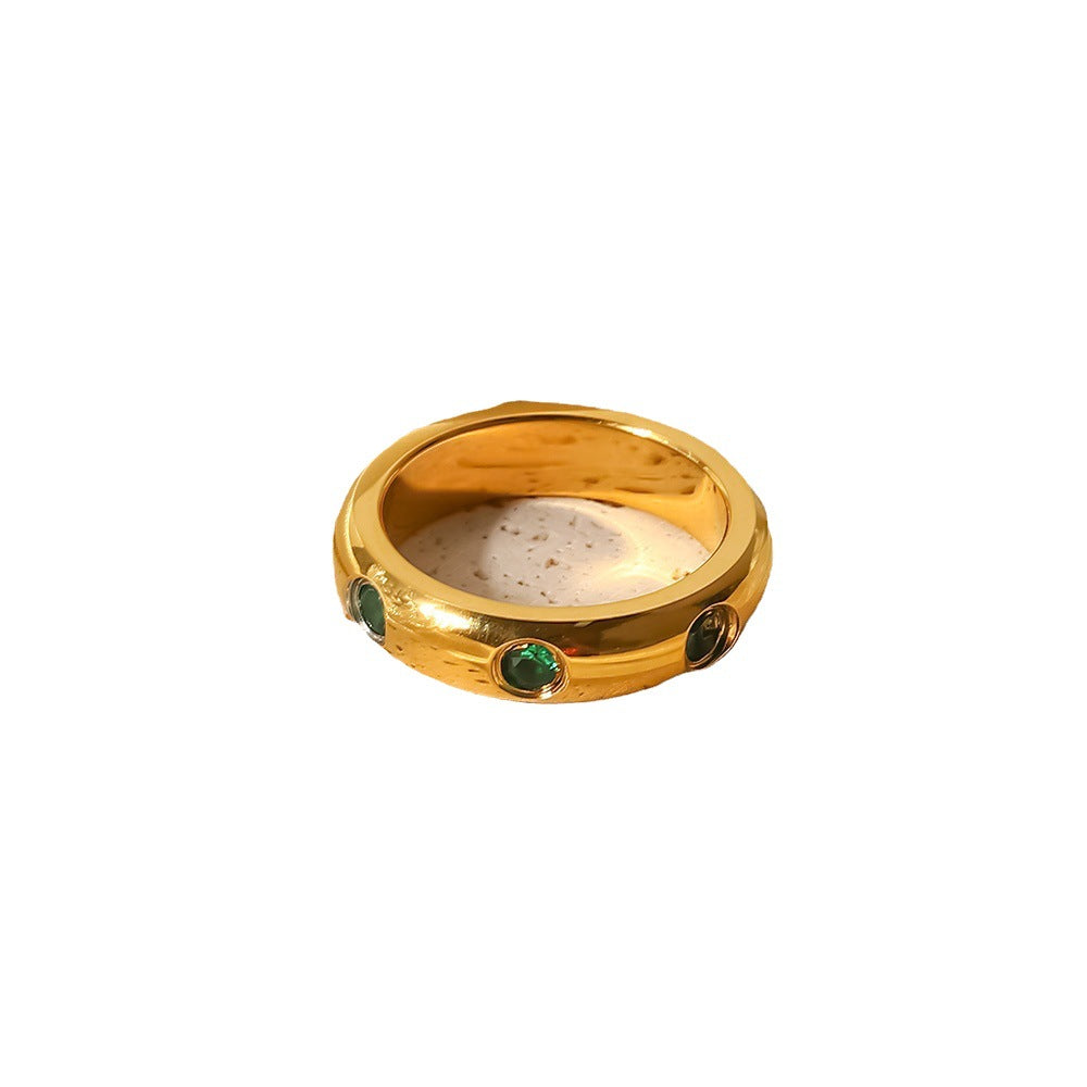 Fashion Geometric 18K Gold Plated Stainless Steel Ring with Green Zircon for Women