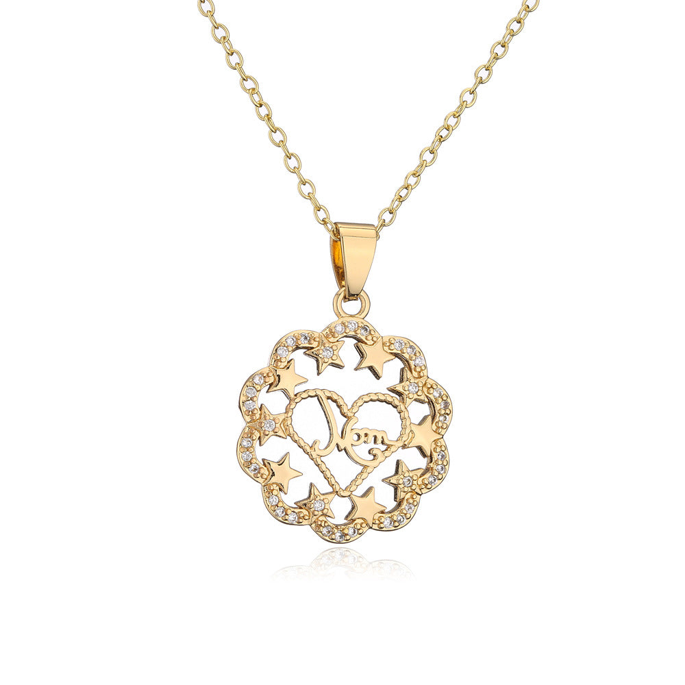 Minimalist MOM Pendant Necklace in Copper with 18K Gold Plating and Zircon Inlay for Women