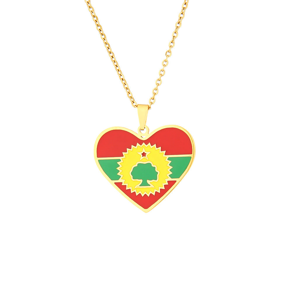 Collana Pendente Cuore in Smalto Stile Etnico in Acciaio Inossidabile con Ciondolo in Acciaio al Titanio su Catena O