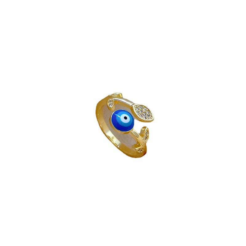 Minimalist Gold-Plated Brass Ring with Leaf and Eye Design Featuring Zircon Inlay for Women