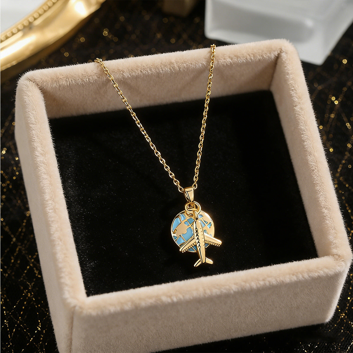 Collana Pendente da Donna a Goccia in Acciaio Inossidabile Placcato Olio, con Design Geometrico, Aeroplano e Mappamondo