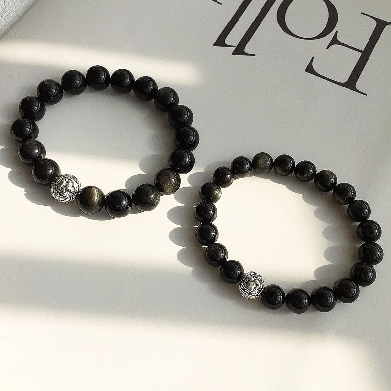 Natural Obsidian Beaded Stretch Bracelet with Pixiu Charm for Men and Women