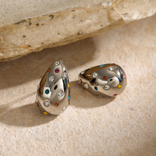 Minimalist Waterdrop-Shaped Stainless Steel Stud Earrings with Rhinestone Inlay for Women