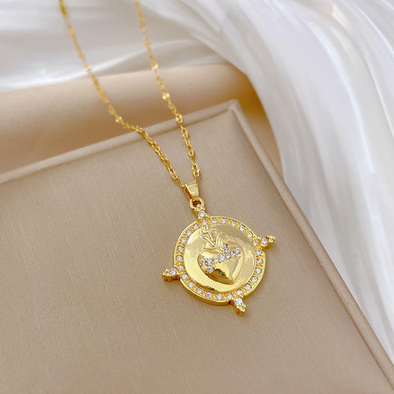 Collar con colgante redondo minimalista de flor de manzano para mujer con cadena de acero inoxidable y detalles de pedrería