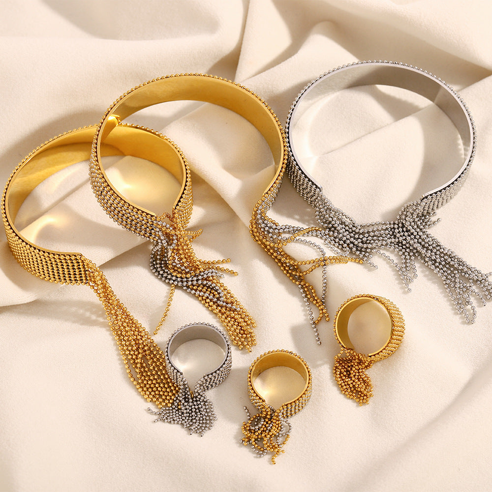 Minimalist Geometric Stainless Steel Plated 18K Gold Beaded Tassel Wide Cuff Bracelet for Women
