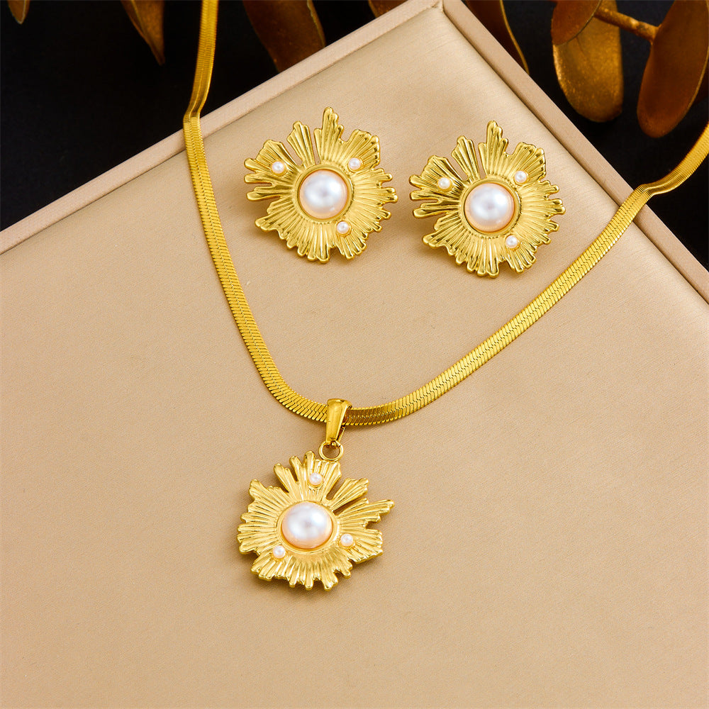 Vintage Gold Plated Heart Teardrop Stainless Steel Necklace and Earring Set with Turquoise and Pearl on Snake Chain for Women