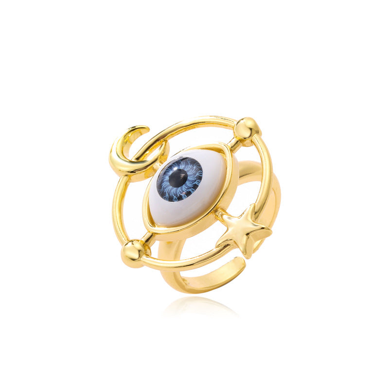 Gold Plated Brass Geometric Star Moon Micro-Inlay Ring
