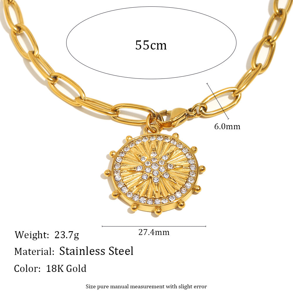 Collana con pendente a moneta a stella a otto punte placcato oro 18 carati in acciaio inossidabile con motivo geometrico vintage chic da donna