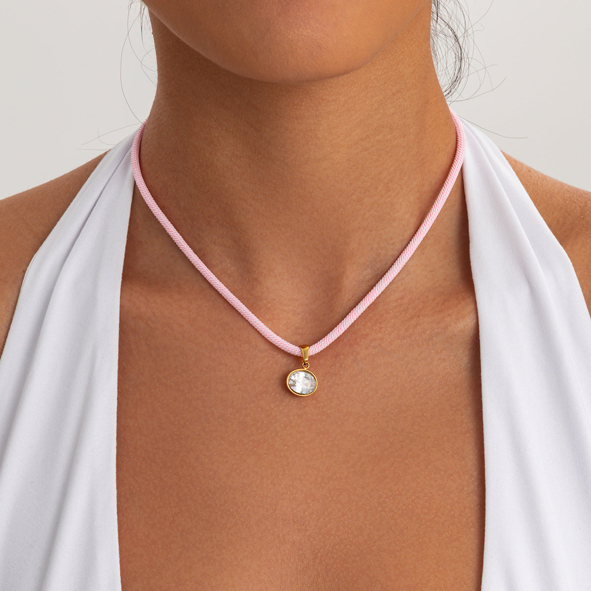 Luxury Elegant Geometric Oval Cubic Zirconia Inlay PVD Stainless Steel Necklace for Women