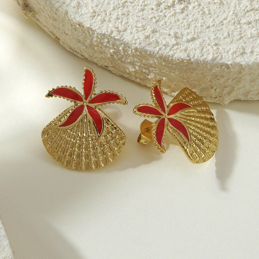 Sweet Drip Oil Stainless Steel Starfish Shell Earrings