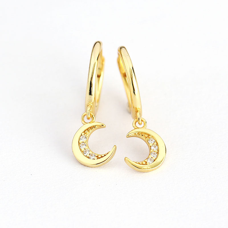 Minimalist Moon-Shaped S925 Sterling Silver Stud Earrings with Rhinestone Inlay for Women
