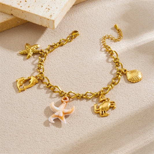 Stainless Steel Plated Animal Starfish Crab Dolphin Shell Pendant Chain Bracelet for Women
