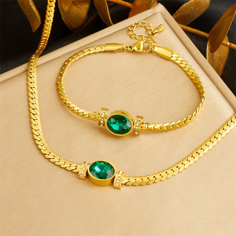 Vintage Emerald Oval Fashion Stainless Steel Rhinestone-Set Bracelet and Necklace for Women