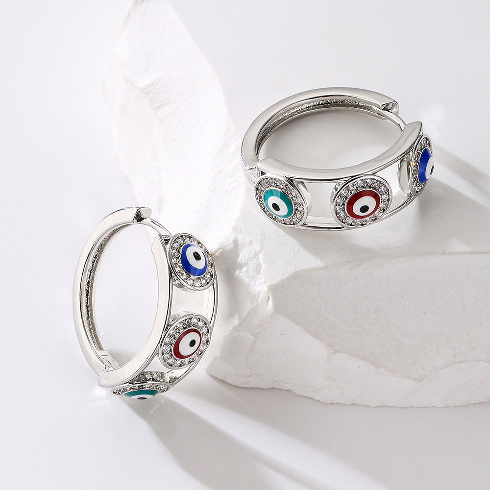 Vintage Style Geometric Copper Ear Cuffs with White Gold Plating and Micro-Paved Zirconia Evil Eye Design