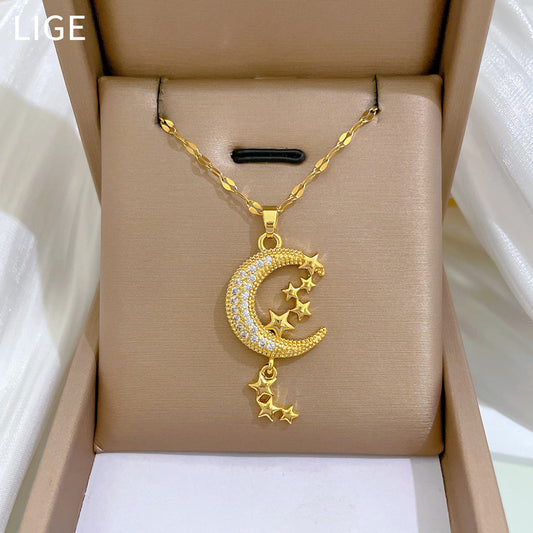 Luxury Elegant Fresh Sweet Moon Star Pendant Necklace in Titanium Steel with Rhinestone Inlay Geometric Design for Unisex