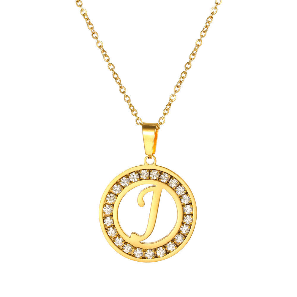 Minimalist Gold Plated Round Letter Rhinestone Inlay Pendant Necklace Titanium Steel Cable Chain