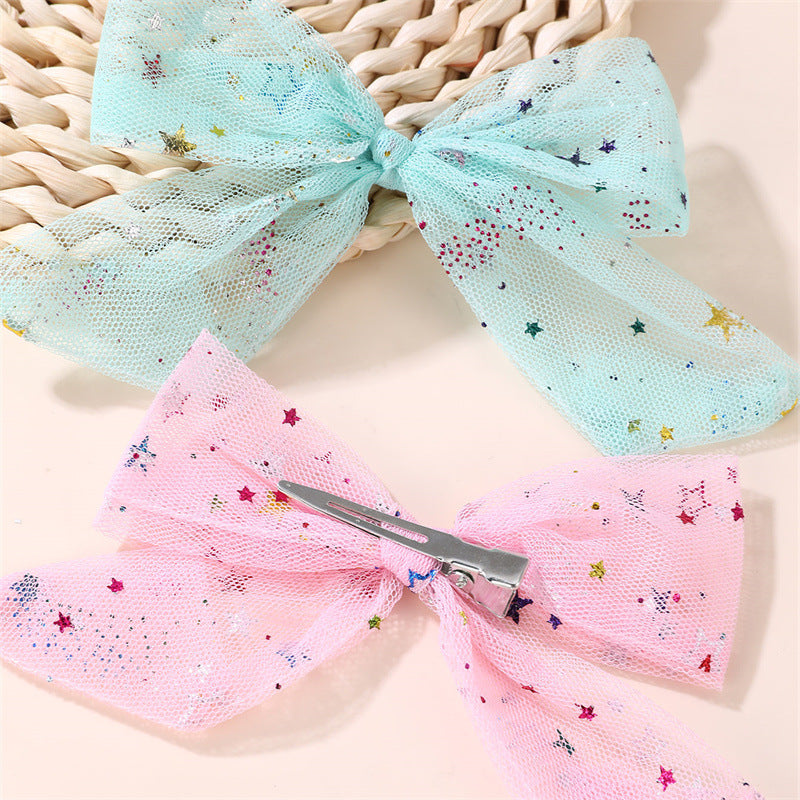 Ribbon Bow Hair Clip Set with Star and Moon Motifs, Sequins, Tulle Netting, and Ruffled Details for Girls