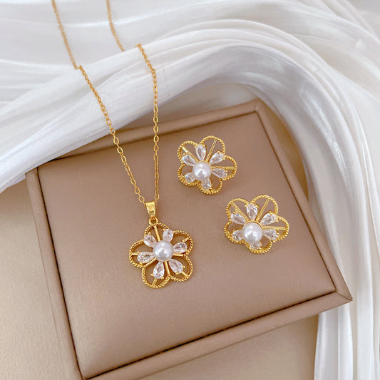 Elegant Five-Leaf Flower Pendant Necklace and Earrings Set in Titanium Steel with Rhinestone Inlay and Hollow Design for Women