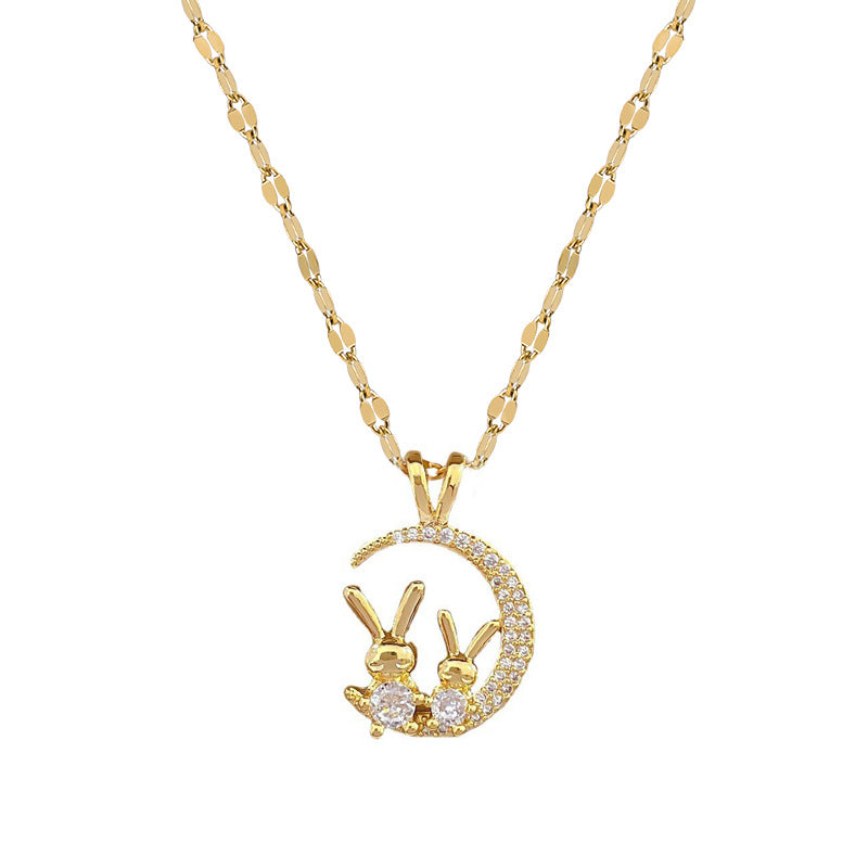 Collar con colgante de luna y conejo de acero titanio microincrustado de lujo con diseño geométrico para mujer