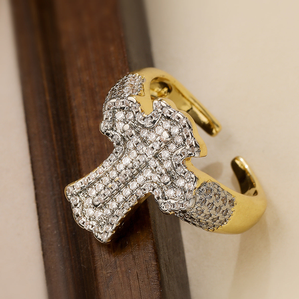 Minimalist Geometric Cross-Shape Copper Ring with Micro-Pave Zirconia for Women