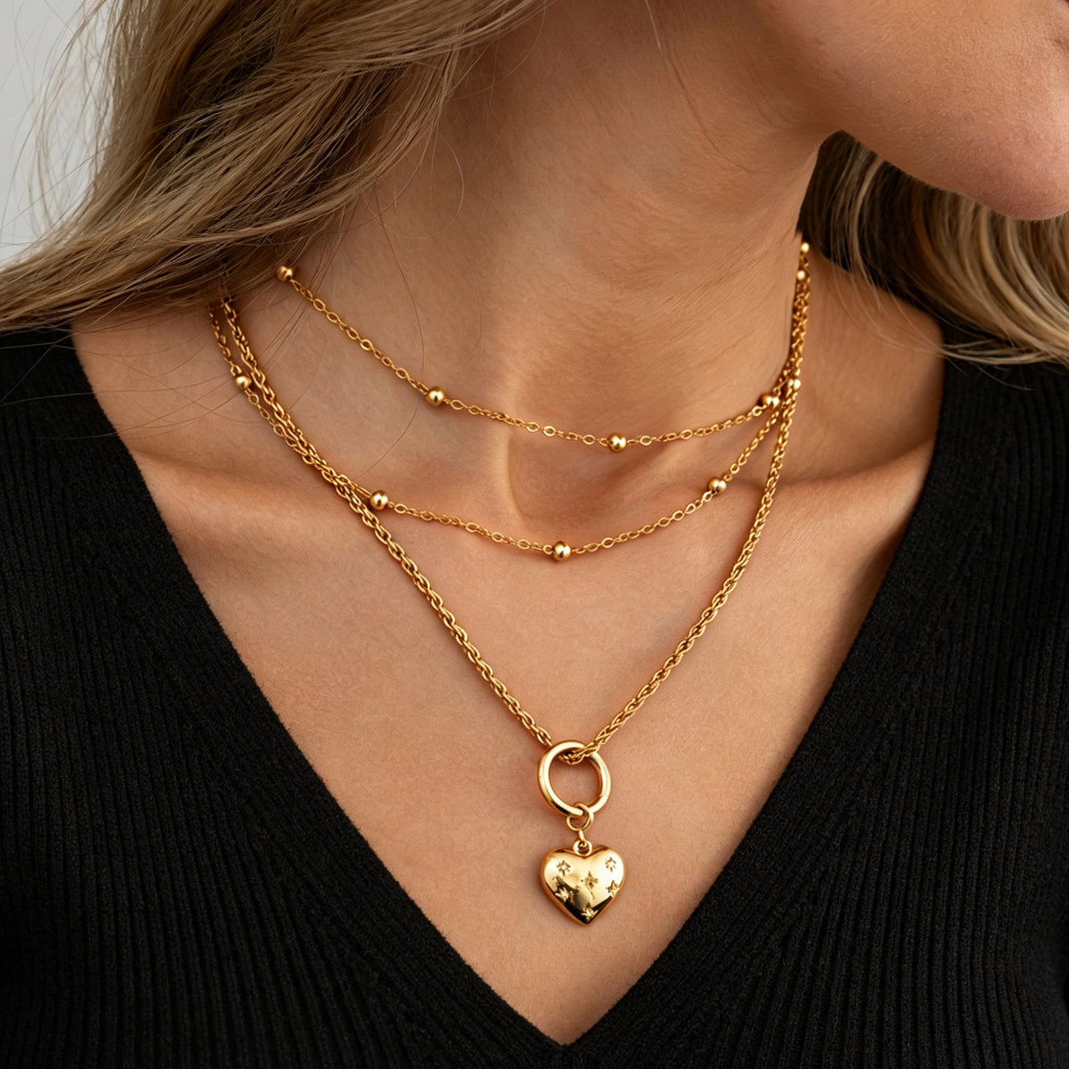 Sweet Rhinestone Inlaid Heart Zinc Alloy Pendant Necklace with Multi-layer Ball Chain for Women