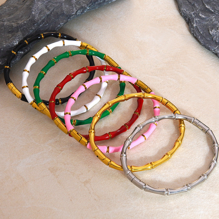 Fashion Casual Elegant Geometric Drip Oil PVD 18K Gold Stainless Steel Bamboo Bangle
