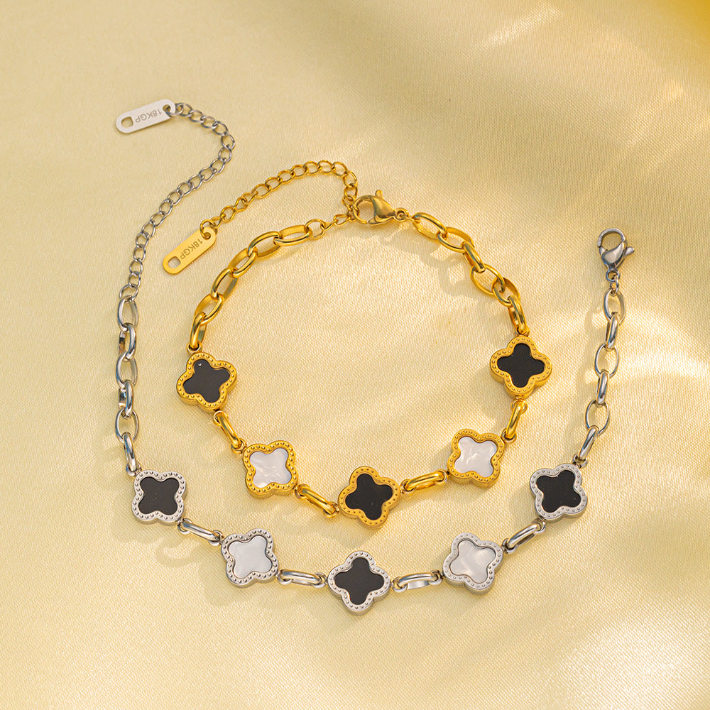 Minimalist Four-Leaf Clover Titanium Steel Bracelet for Women with Electroplated Finish, Geometric Design