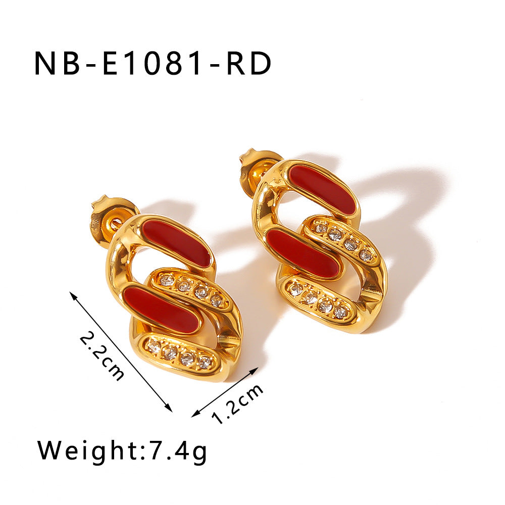 Vintage French Style Geometric Stainless Steel Earrings with 18K Gold Plating Enamel Finish and Zircon Inlay