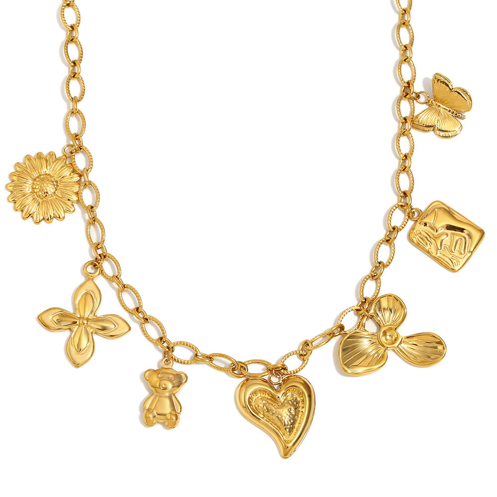 Elegant Heart Round Stainless Steel 18K Gold Plated Charm Bar Necklace for Women