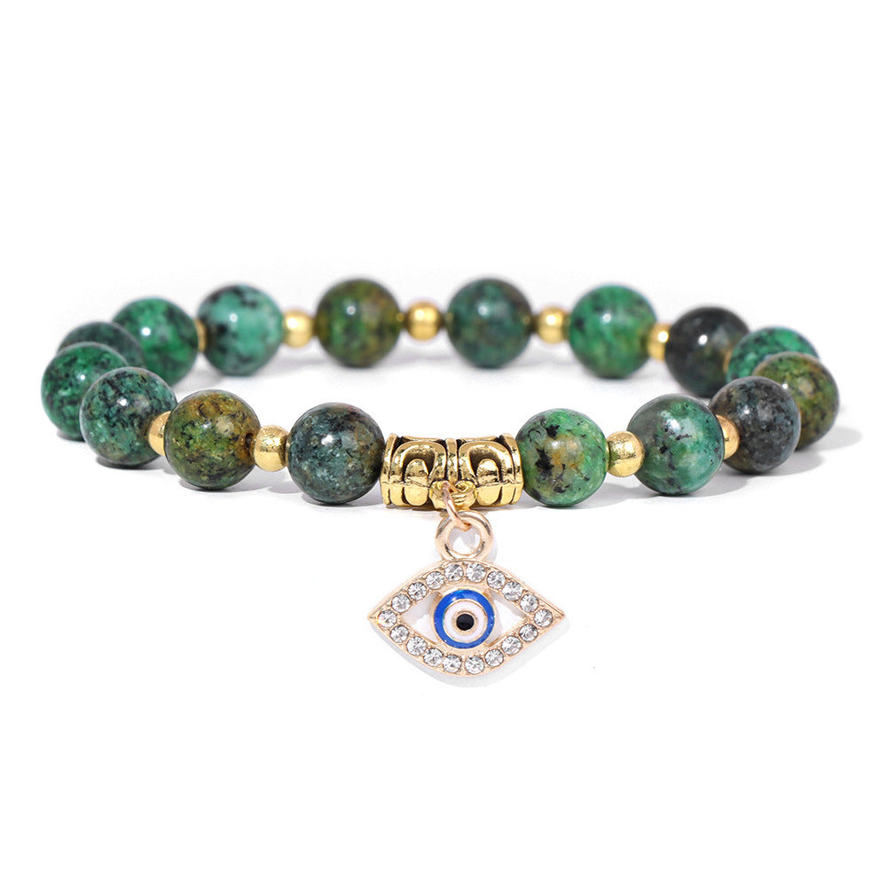 Vintage Minimalist Geometric Agate Beaded Bracelet with Evil Eye Pendant Unisex Jewelry