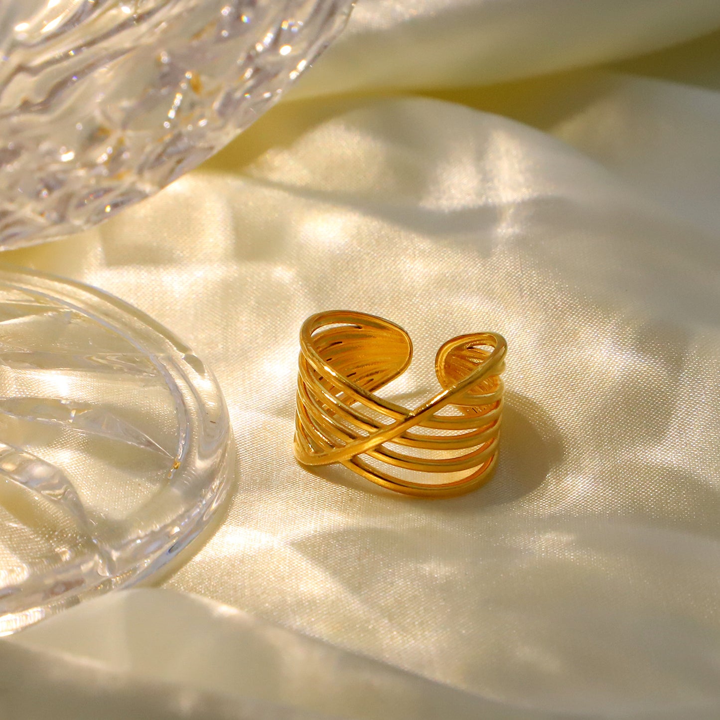 Anillo Abierto Multicapa Cruz Geométrico de Moda Bañado en Oro 18K Acero Titanio Joyería para Mujer
