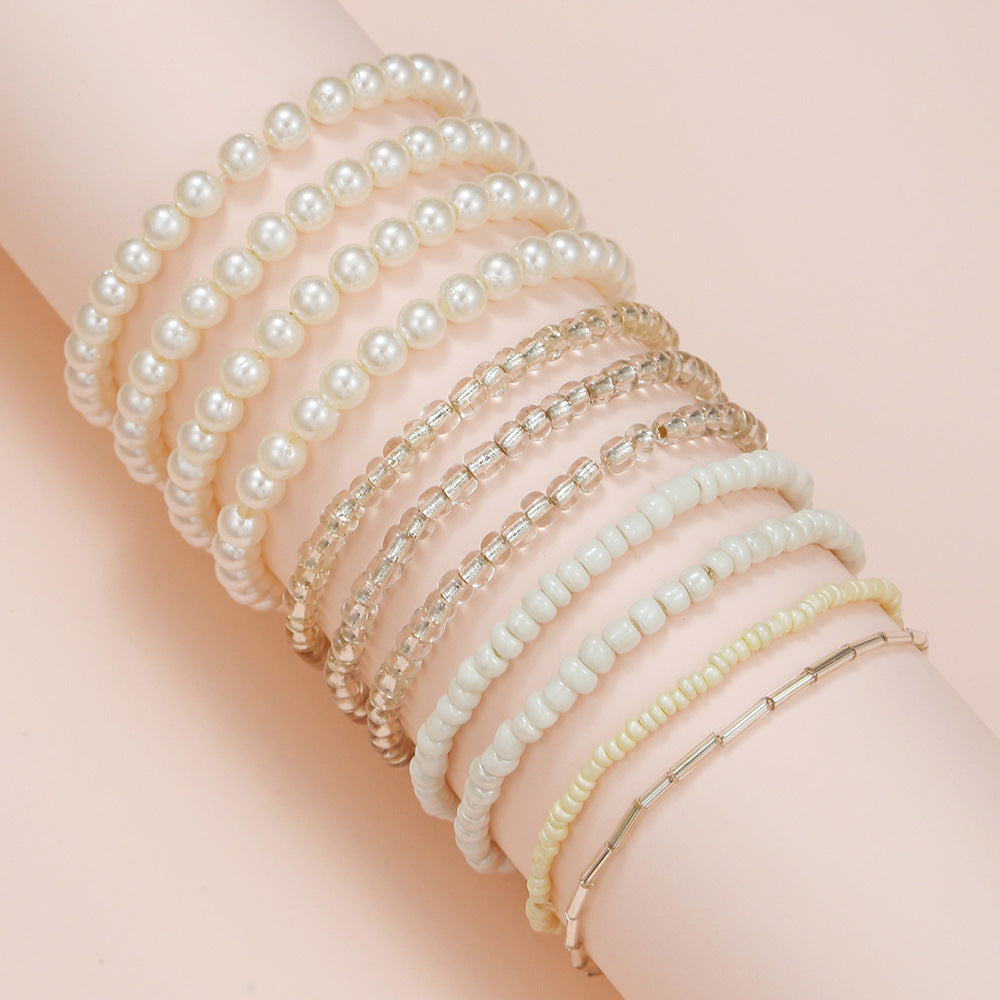 Geometric Multi-Layer Pearl Beaded Bracelet Set