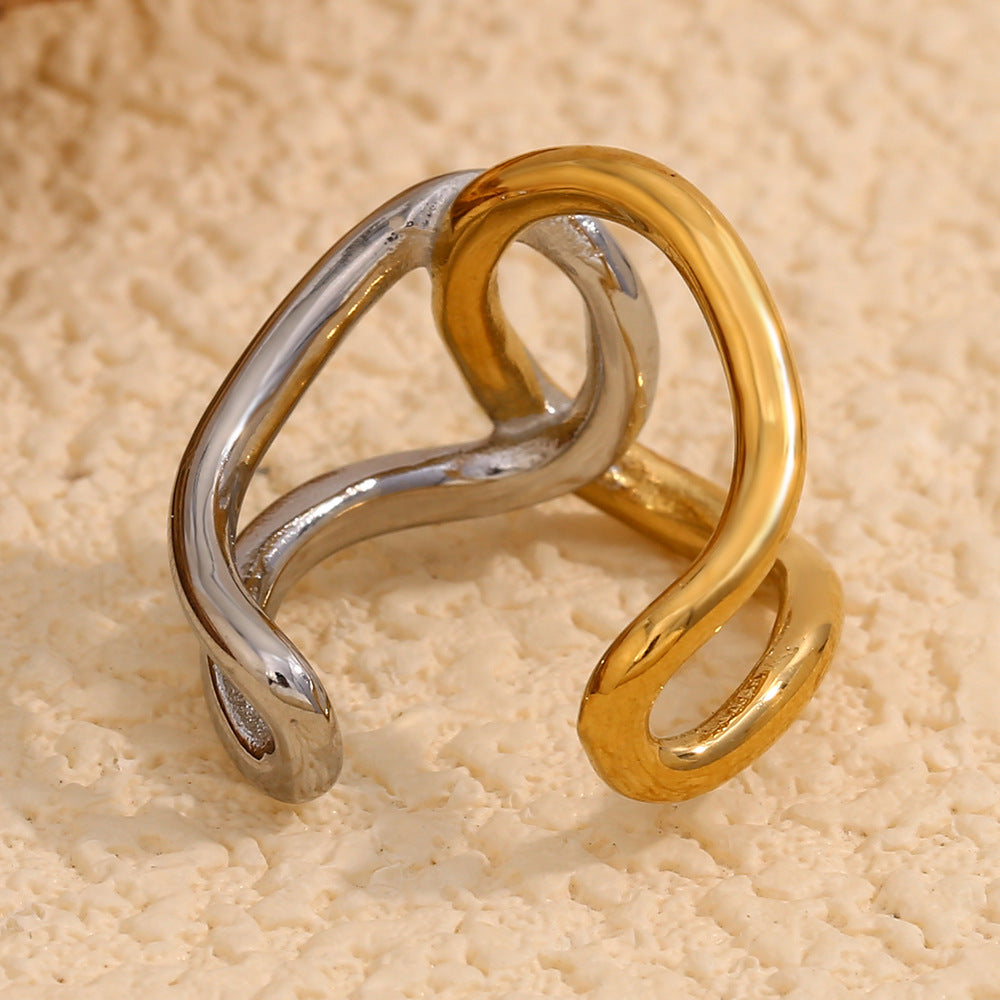 Anello Minimalista Geometrico in Acciaio Inossidabile con Placcatura in Oro 18K Fascia Doppia Aperta