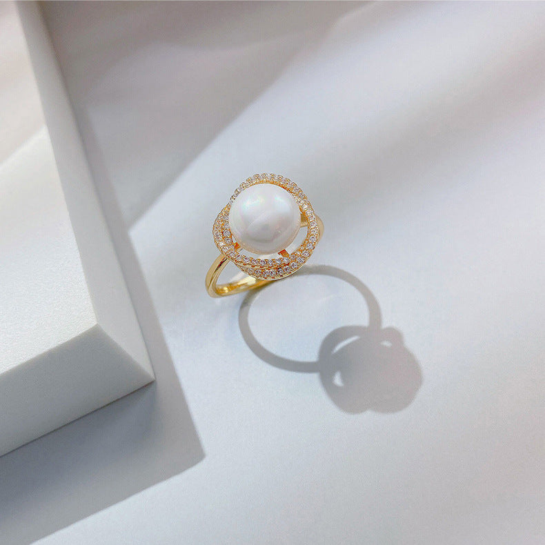 Elegant Geometric Alloy Ring for Women with Micro-Pavé Gold Plating and Pearl Accent, Minimalist Index Finger Band or Pinky Ring