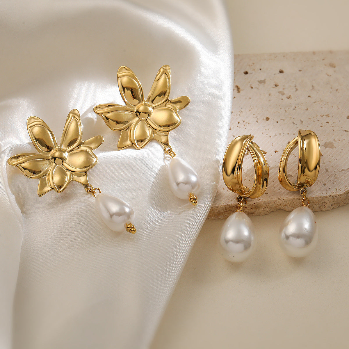 Minimalist Irregular Geometric Stainless Steel Pearl Earrings for Women with 18K Gold Plating