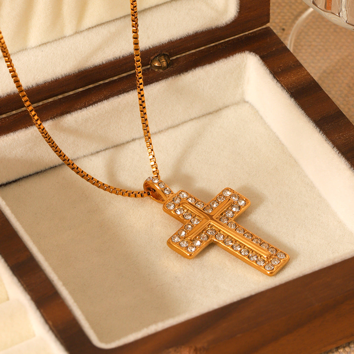 Trendy Geometric Cross Pendant Necklace 18K Gold Plated Stainless Steel Box Chain Rhinestone Inlay Women Jewelry
