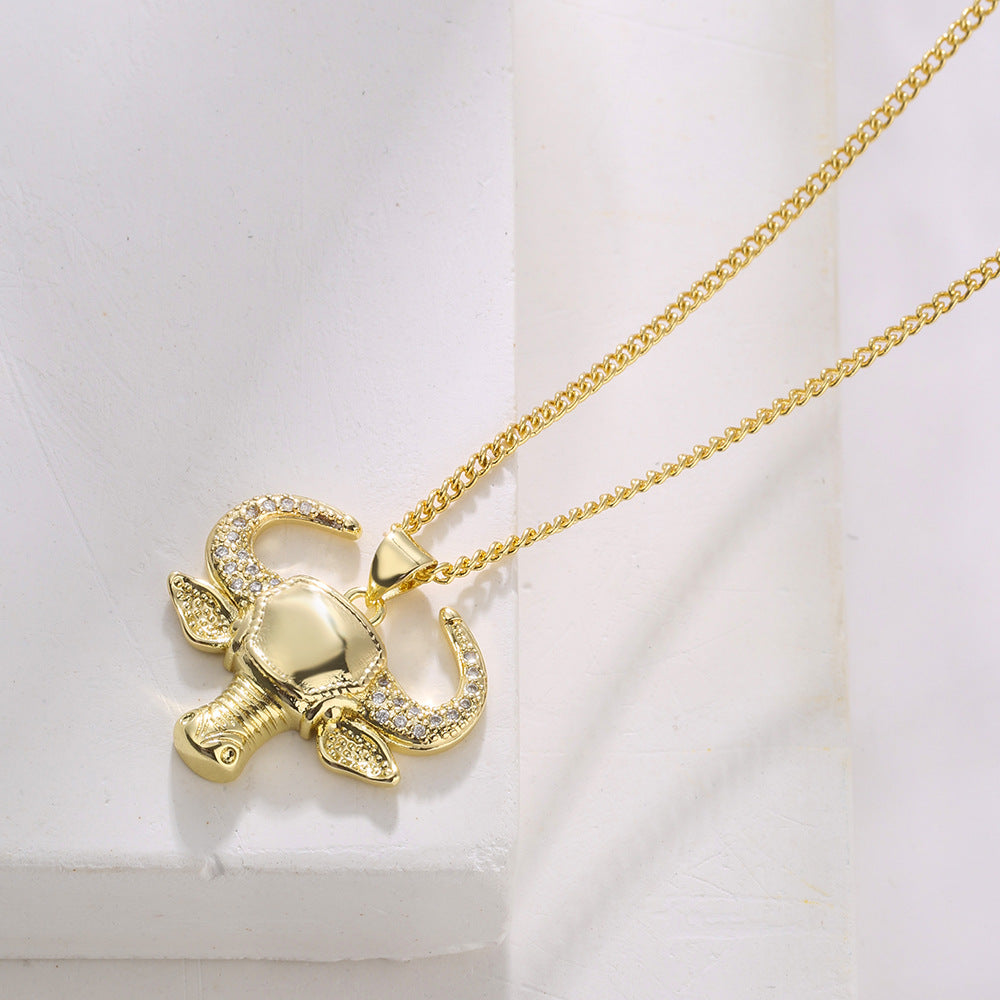Vintage Geometric Bull Head Pendant Necklace for Women in Copper with 18K Gold Plating and Zircon Inlay