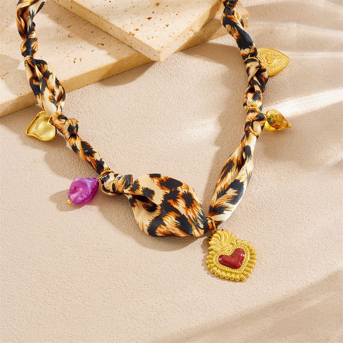 Elegant Leopard Print Floral Drip Oil Heart Sun Pendant Stainless Steel Necklace for Women