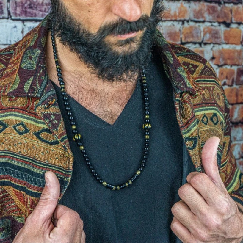 Vintage Ethnic Geometric Wood Necklace with Black Agate and Alloy Pendant for Men