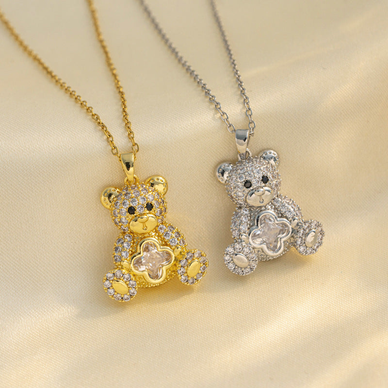 Cute Teddy Bear Pendant Necklace for Women with Rhinestone Inlay in Titanium Steel, Heart-Shaped Locket Chain with O-Chain Style