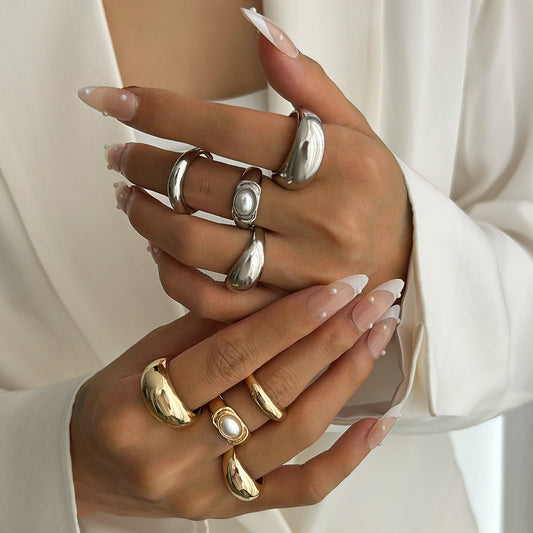 Anillo abierto geométrico personalizado con perla de imitación microincrustada para mujer
