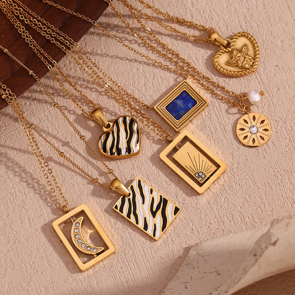 Minimalist Geometric Pendant Necklace for Women Stainless Steel with 18K Gold Plating Double-Layer Snake Chain