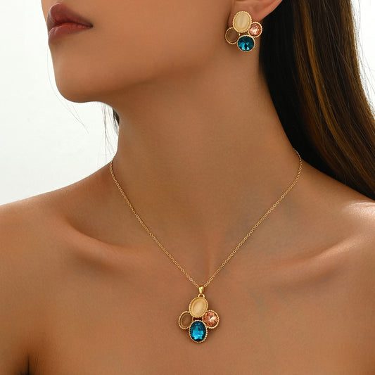 Minimalist Geometric Women's Necklace and Earrings Set in Copper with Gold-Plated Rhinestone Inlay for Everyday Elegance