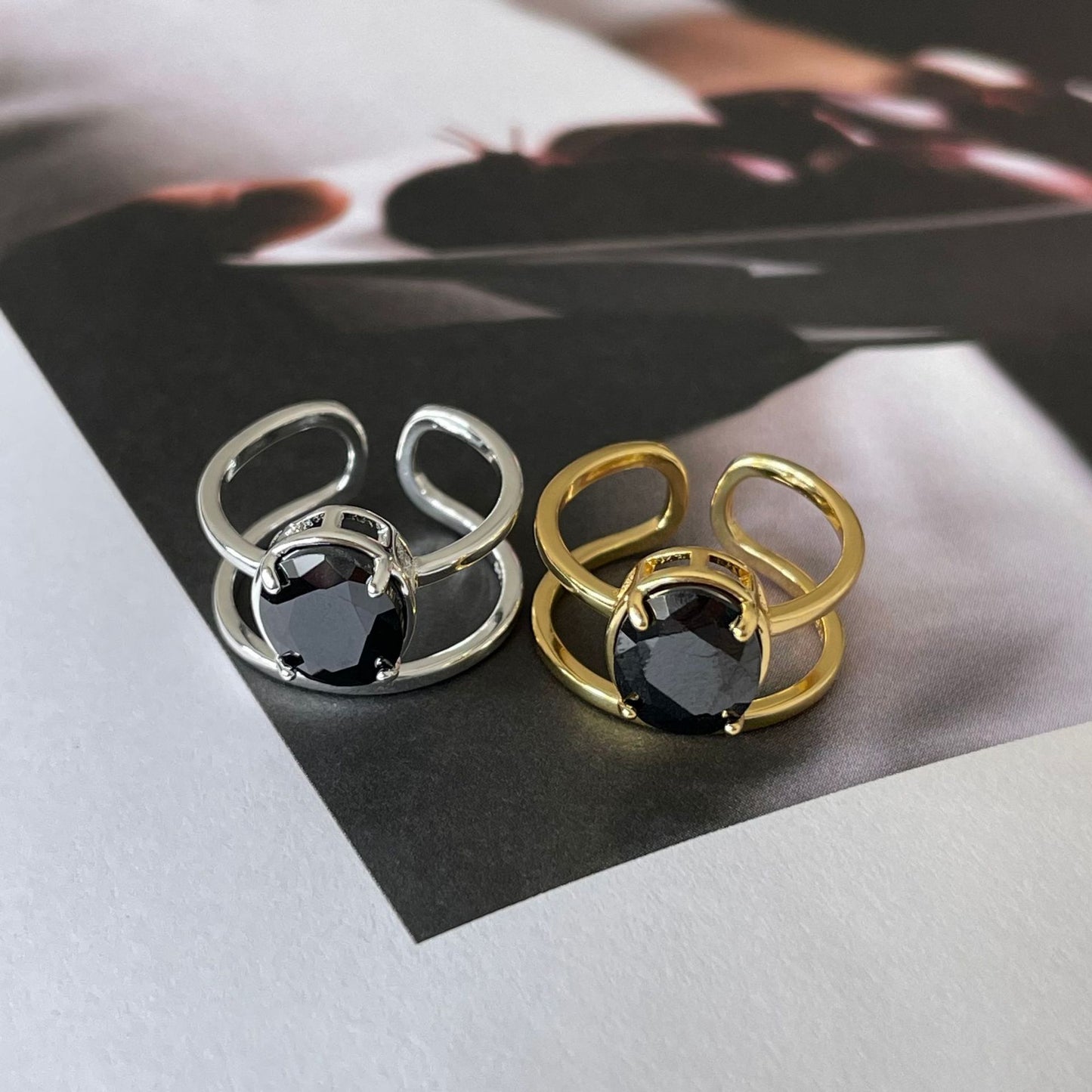 Minimalist Double-Band S925 Sterling Silver Ring for Women with Black Zirconia Inlay