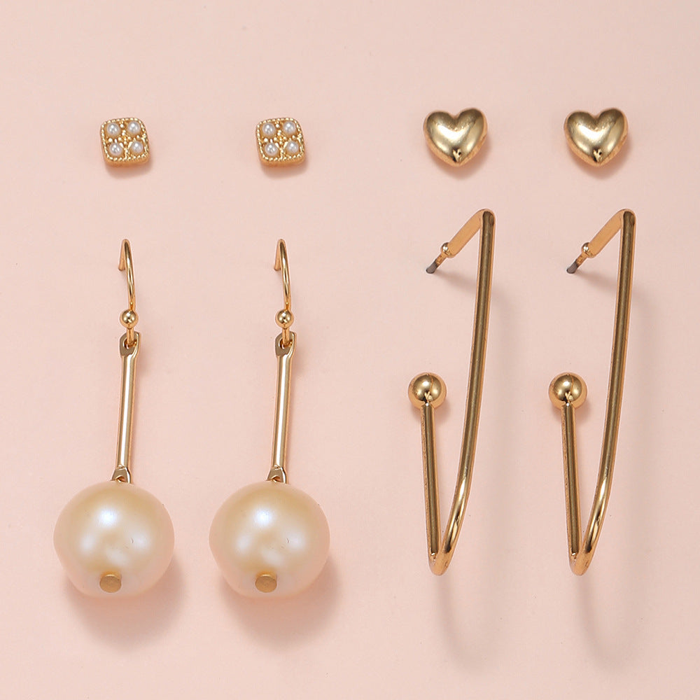 Sweet Rhinestone Inlaid Heart and Round Geometric Pearl Drop Earrings Set