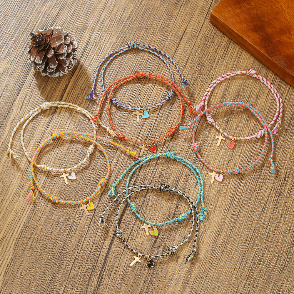 Rainbow Woven Heart Cross Drip Oil Alloy Bracelet for Women and Men
