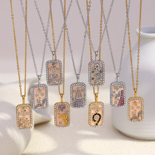 Minimalist Zodiac Constellation Pendant Necklace for Women Stainless Steel with 18K Gold Plating and Enamel Inlay Full Rhinestone Accents
