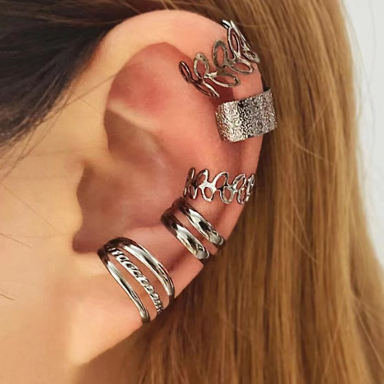 Conjunto de pendientes de clip de aleación con forma de hoja recortada en C vintage para mujer