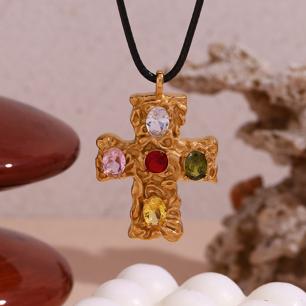 Vintage-Inspired Geometric Cross Pendant Necklace in Titanium Steel with 18K Gold Plating and Hammered Multicolor Texture on Black Cord